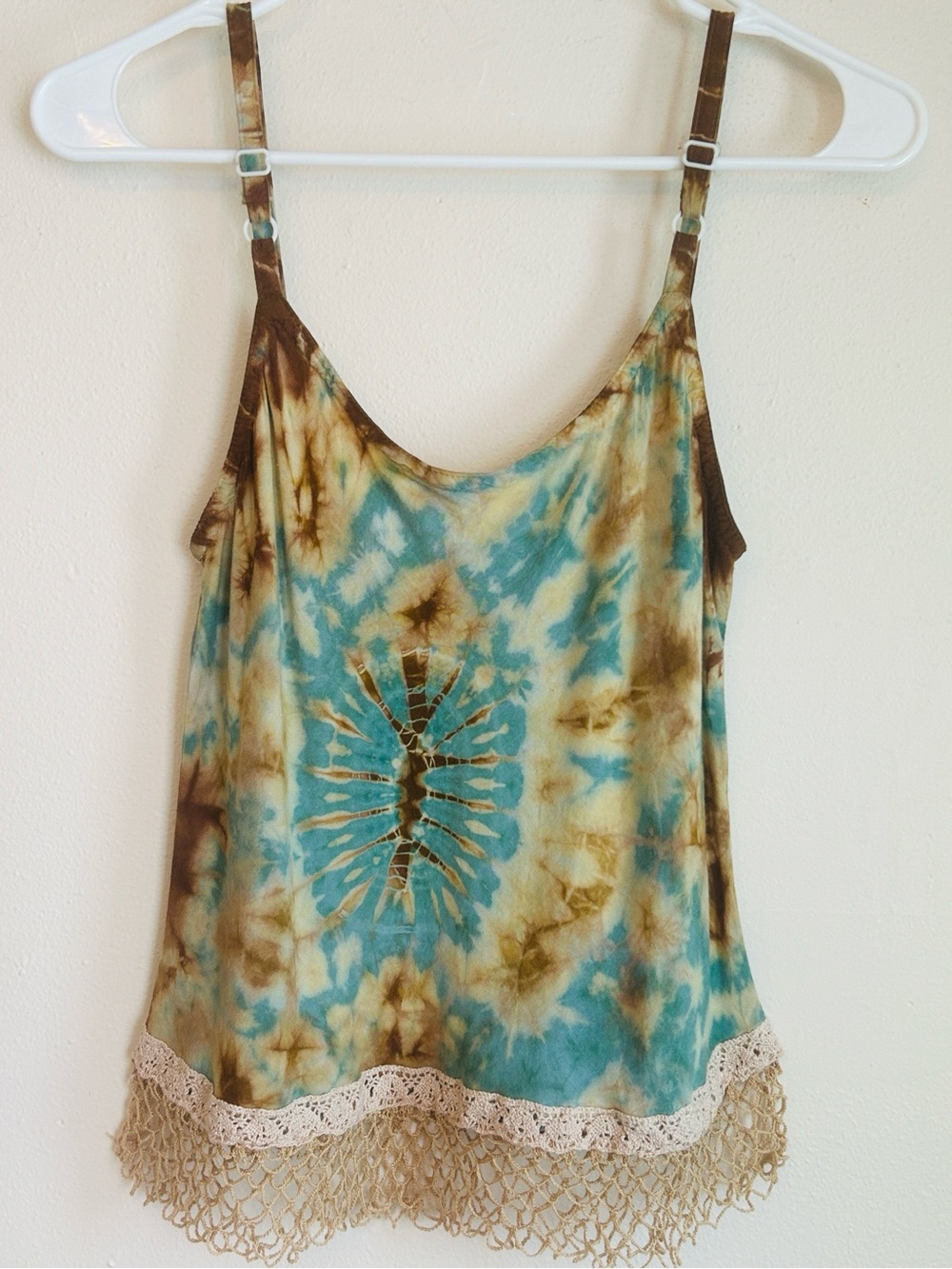 Upcycled thai vintage tie dye tank top with vintage crochet lace
